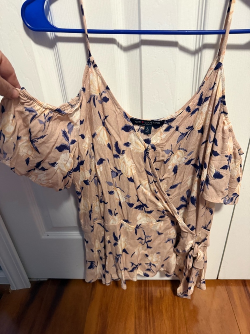 one clothing Peach Floral Wrap Cold-Shoulder Camisole with Navy Print